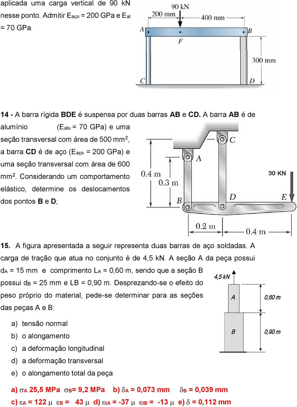 Considerando um comportamento elástico, determine os deslocamentos dos pontos B e D; 15. A figura apresentada a seguir representa duas barras de aço soldadas.