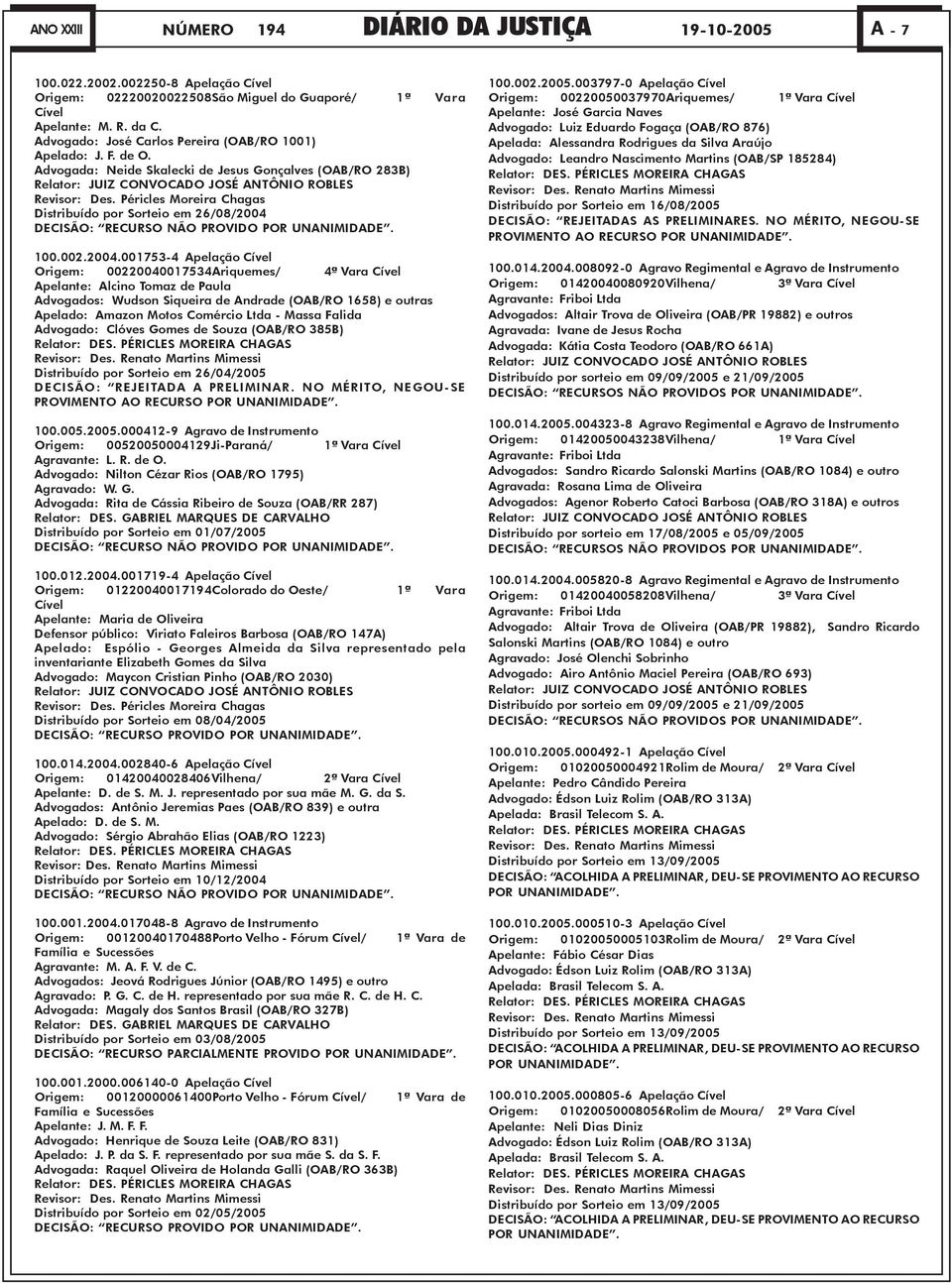 Péricles Moreira Chagas Distribuído por Sorteio em 26/08/2004 