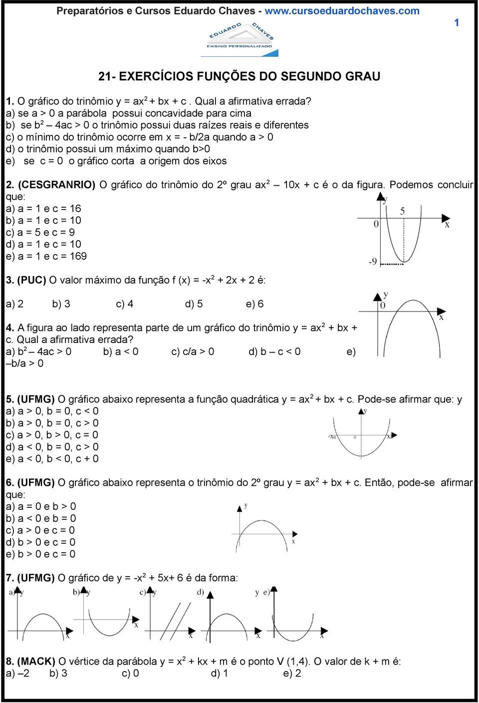 um máximo quando b>0 e) se c = 0 o gráfico corta a origem dos eixos 2. (CESGRANRIO) O gráfico do trinômio do 2º grau ax 2 10x + c é o da figura.