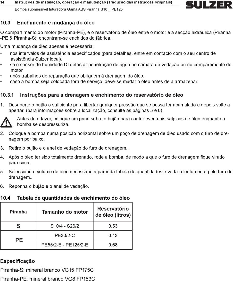 Uma mudança de óleo apenas é necessária: nos intervalos de assistência especificados (para detalhes, entre em contacto com o seu centro de assistência Sulzer local).