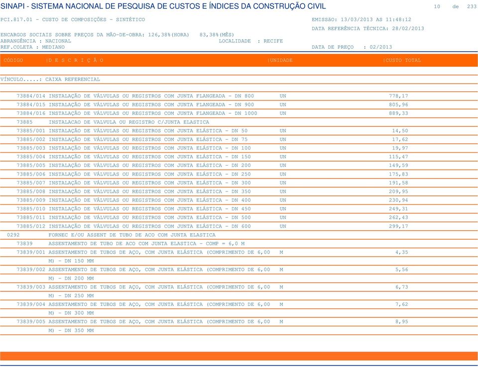 DN 50 UN 14,50 73885/002 INSTALAÇÃO DE VÁLVULAS OU REGISTROS COM JUNTA ELÁSTICA - DN 75 UN 17,62 73885/003 INSTALAÇÃO DE VÁLVULAS OU REGISTROS COM JUNTA ELÁSTICA - DN 100 UN 19,97 73885/004