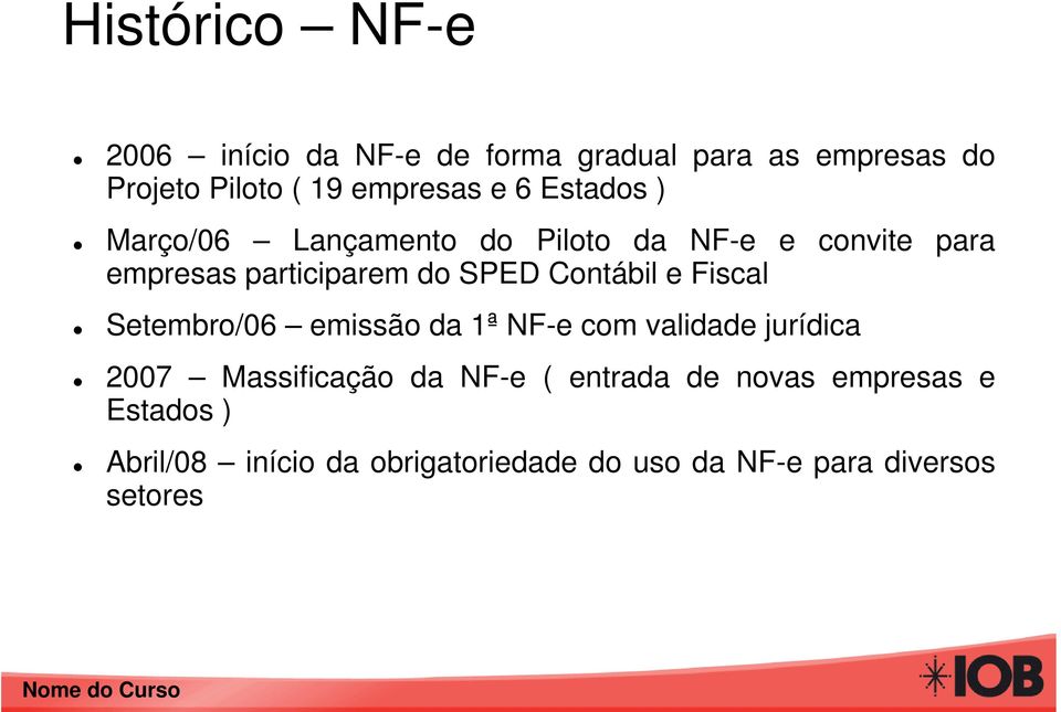 Contábil e Fiscal Setembro/06 emissão da 1ª NF-e com validade jurídica 2007 Massificação da NF-e (