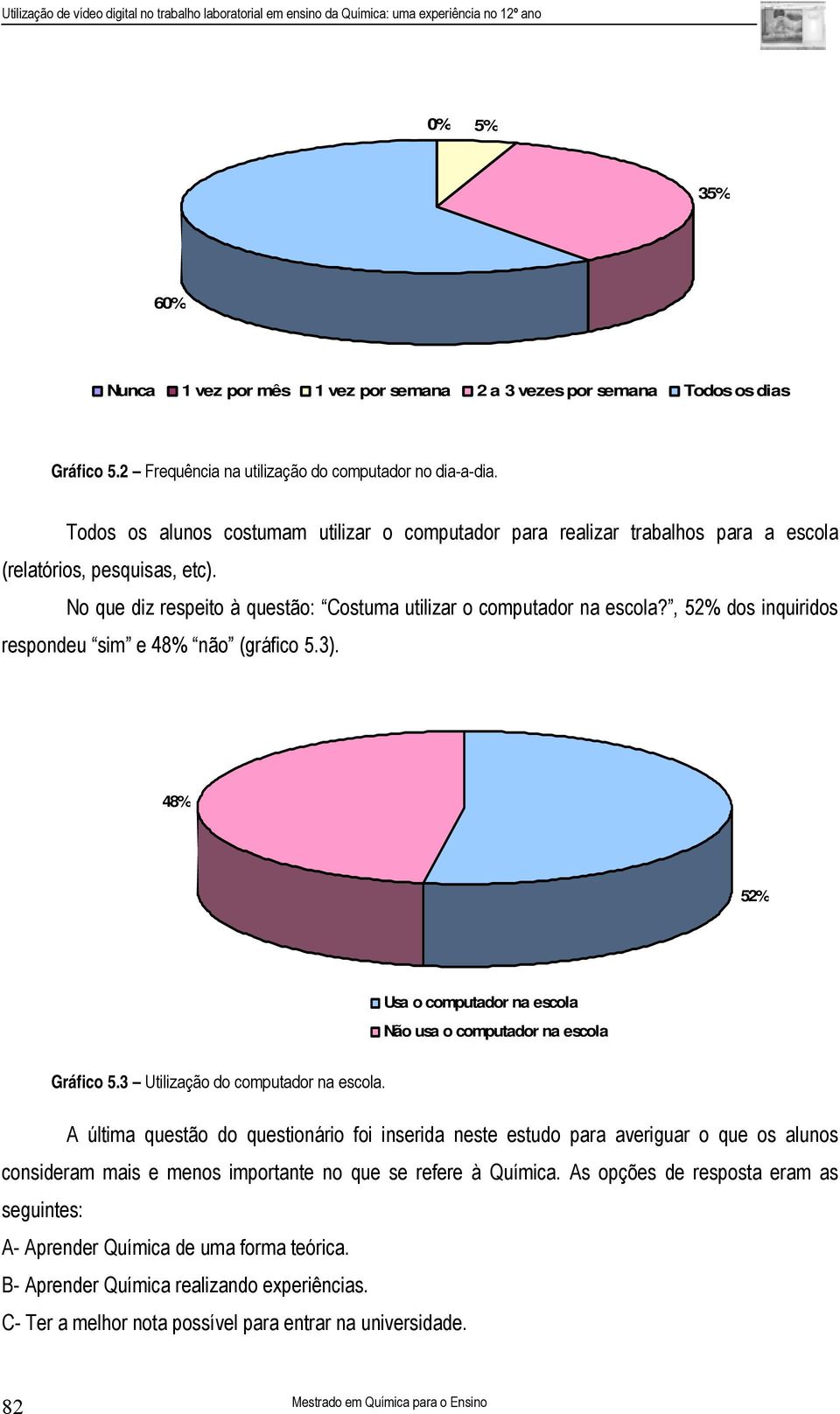 , 52% dos inquiridos respondeu sim e 48% não (gráfico 5.3). 48% 52% Usa o computador na escola Não usa o computador na escola Gráfico 5.3 Utilização do computador na escola.