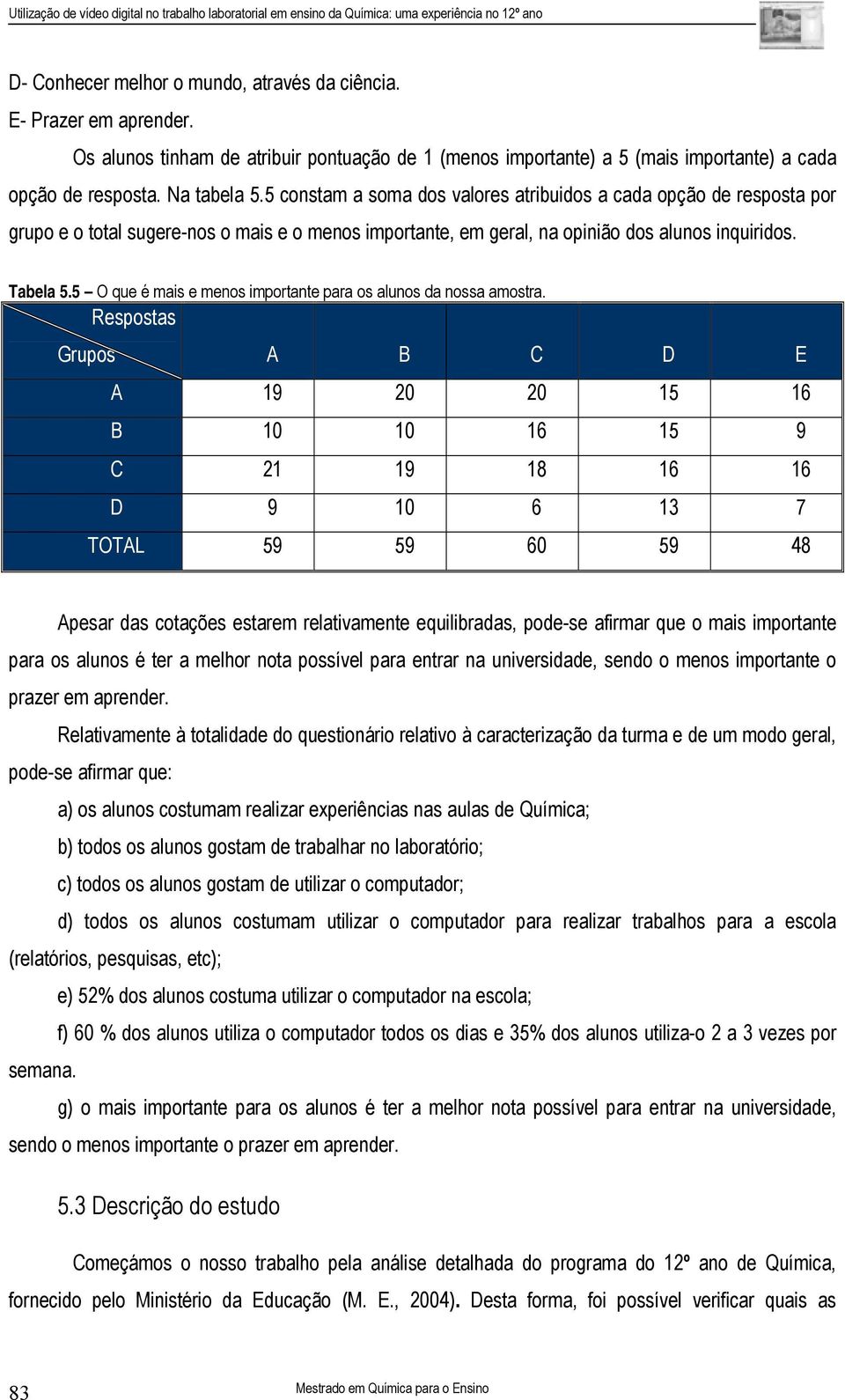 5 O que é mais e menos importante para os alunos da nossa amostra.