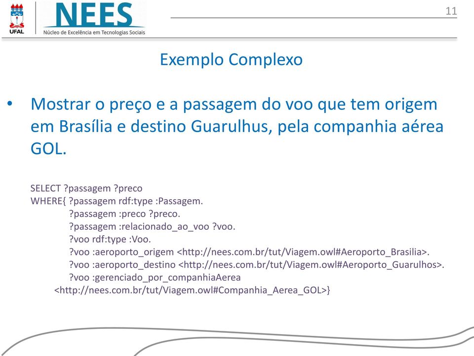 ?voo :aeroporto_origem <http://nees.com.br/tut/viagem.owl#aeroporto_brasilia>.?voo :aeroporto_destino <http://nees.com.br/tut/viagem.owl#aeroporto_guarulhos>.