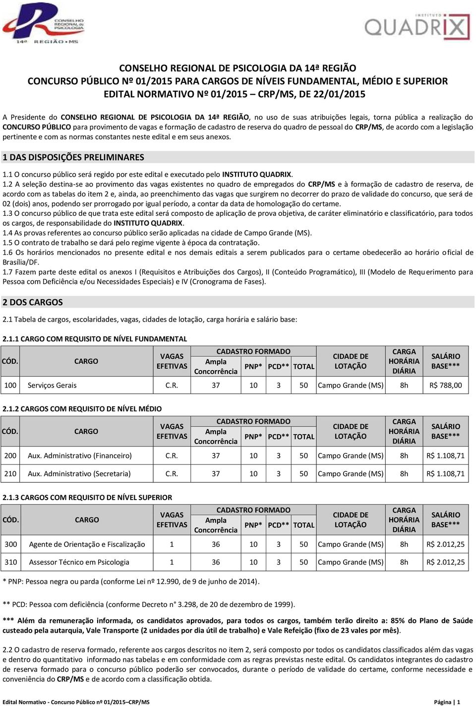 de pessoal do CRP/MS, de acordo com a legislação pertinente e com as normas constantes neste edital e em seus anexos. 1 DAS DISPOSIÇÕES PRELIMINARES 1.