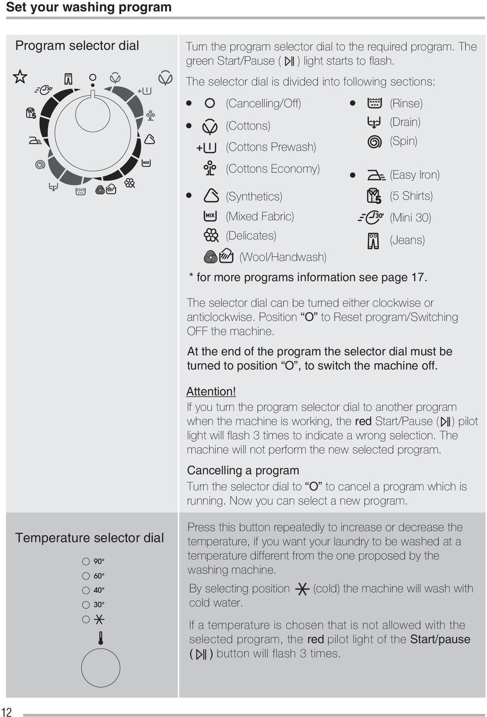 (Easy Iron) (5 Shirts) (Mini 30) (Jeans) * for more programs information see page 17. The selector dial can be turned either clockwise or anticlockwise.