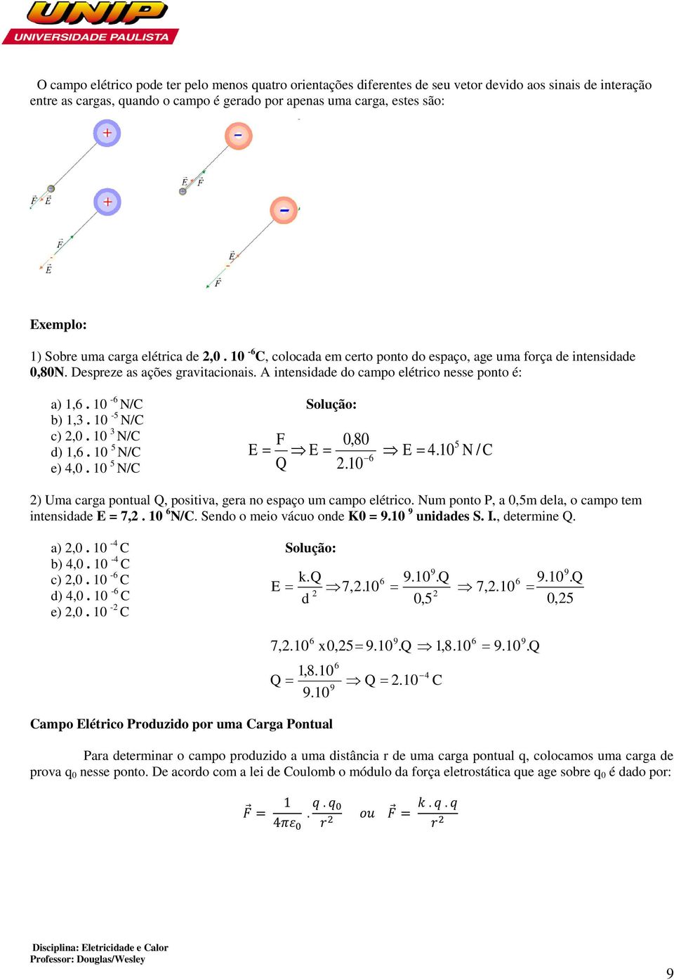 10-6 N/C Solução: b) 1,3. 10-5 N/C c) 2,0. 10 3 N/C d) 1,6. 10 5 N/C e) 4,0. 10 5 N/C F 0,80 5 E E E 4.10 N / C 6 Q 2.10 2) Uma carga pontual Q, positiva, gera no espaço um campo elétrico.