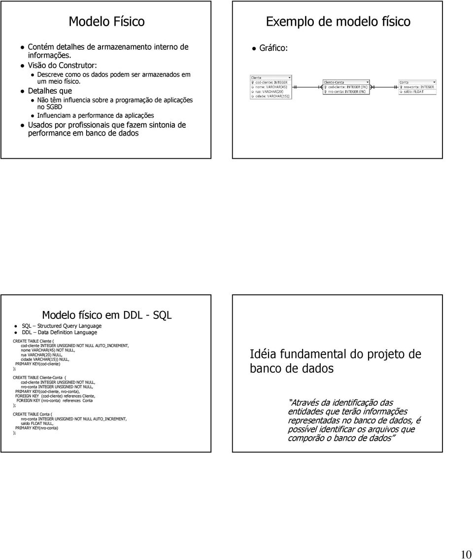 Modelo físico em DDL - SQL SQL Structured Query Language DDL Data Definition Language CREATE TABLE Cliente ( cod-cliente INTEGER UNSIGNED NOT NULL AUTO_INCREMENT, nome VARCHAR(45) NOT NULL, rua