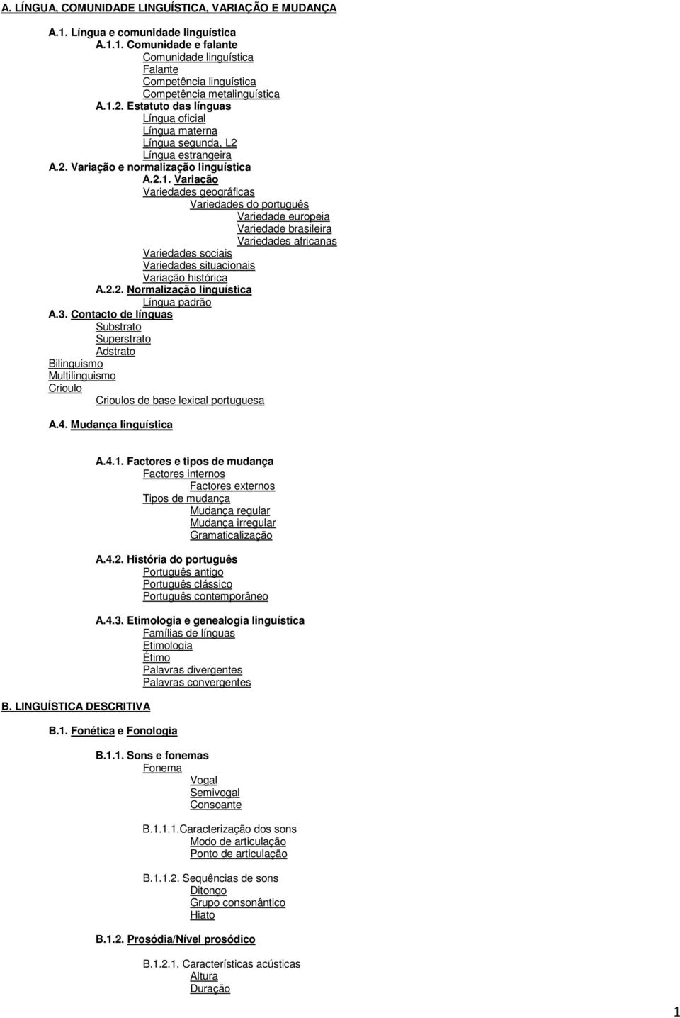 2.2. Normalização linguística Língua padrão A.3. Contacto de línguas Substrato Superstrato Adstrato Bilinguismo Multilinguismo Crioulo Crioulos de base lexical portuguesa A.4. Mudança linguística B.