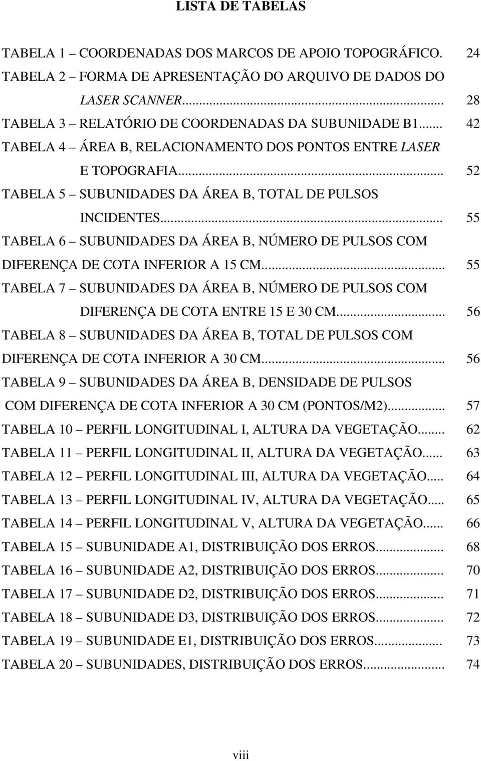 .. 55 TABELA 6 SUBUNIDADES DA ÁREA B, NÚMERO DE PULSOS COM DIFERENÇA DE COTA INFERIOR A 15 CM... 55 TABELA 7 SUBUNIDADES DA ÁREA B, NÚMERO DE PULSOS COM DIFERENÇA DE COTA ENTRE 15 E 30 CM.