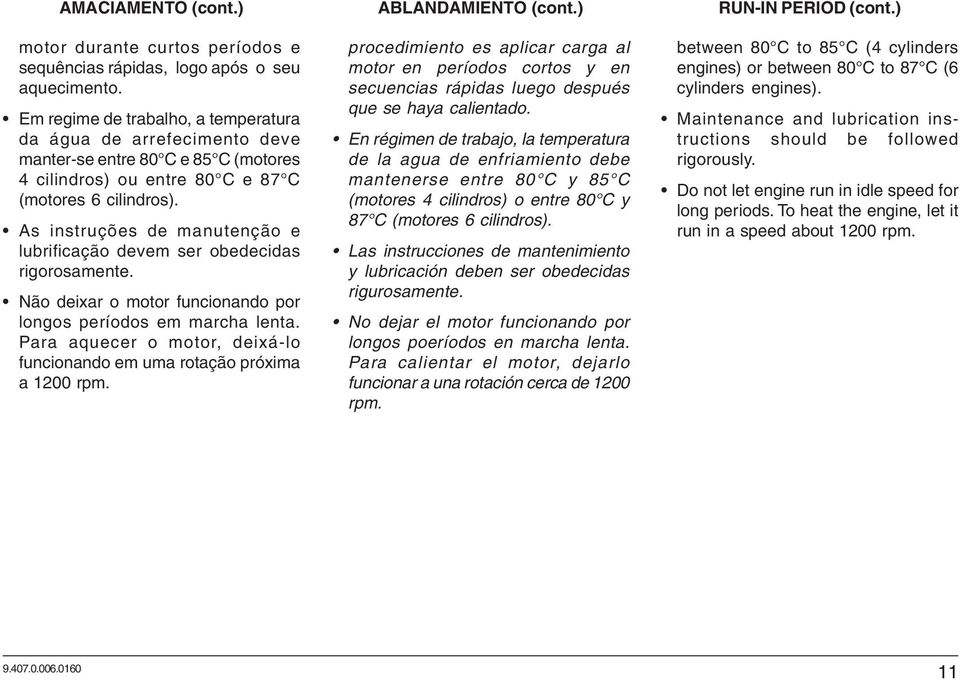 As instruções de manutenção e lubrificação devem ser obedecidas rigorosamente. Não deixar o motor funcionando por longos períodos em marcha lenta.