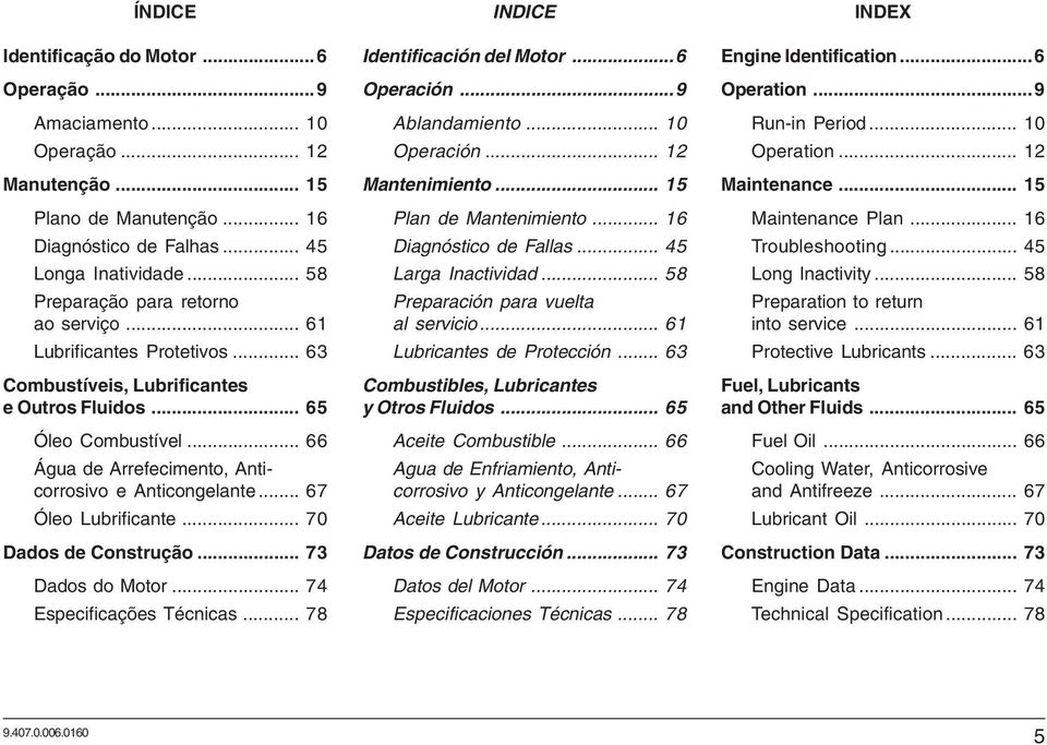 .. 66 Água de Arrefecimento, Anticorrosivo e Anticongelante... 67 Óleo Lubrificante... 70 Dados de Construção... 73 Dados do Motor... 74 Especificações Técnicas... 78 INDICE Identificación del Motor.