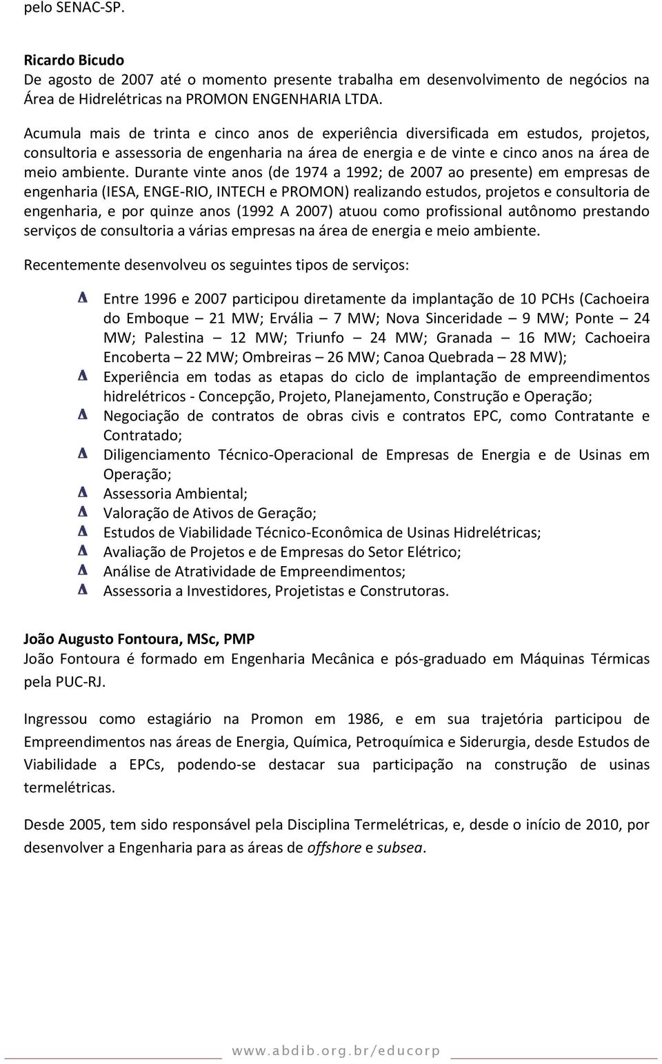 Durante vinte anos (de 1974 a 1992; de 2007 ao presente) em empresas de engenharia (IESA, ENGE-RIO, INTECH e PROMON) realizando estudos, projetos e consultoria de engenharia, e por quinze anos (1992