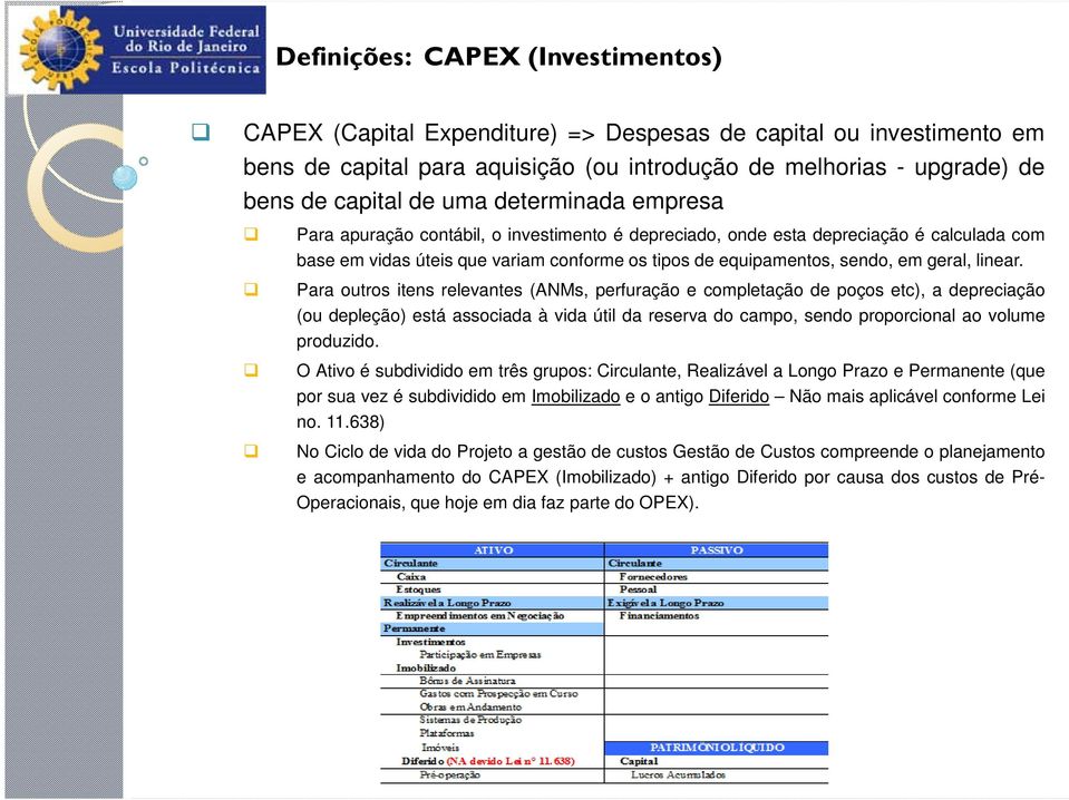 linear. Para outros itens relevantes (ANMs, perfuração e completação de poços etc), a depreciação (ou depleção) está associada à vida útil da reserva do campo, sendo proporcional ao volume produzido.