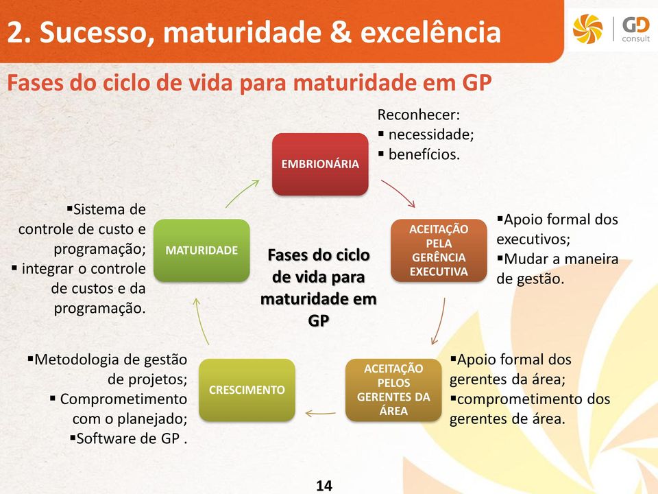 MATURIDADE Fases do ciclo de vida para maturidade em GP ACEITAÇÃO PELA GERÊNCIA EXECUTIVA Apoio formal dos executivos; Mudar a maneira de