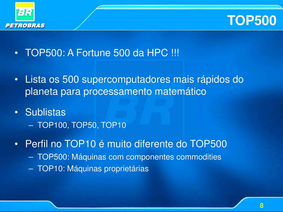 processamento matemático Sublistas TOP100, TOP50, TOP10 Perfil no