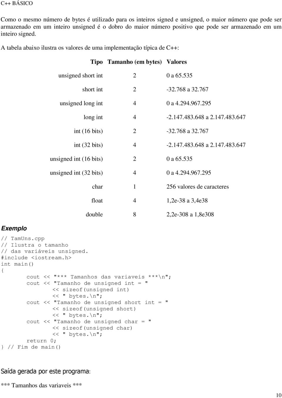 767 unsigned long int 4 0 a 4.294.967.295 long int 4-2.147.483.648 a 2.147.483.647 int (16 bits) 2-32.768 a 32.767 int (32 bits) 4-2.147.483.648 a 2.147.483.647 unsigned int (16 bits) 2 0 a 65.