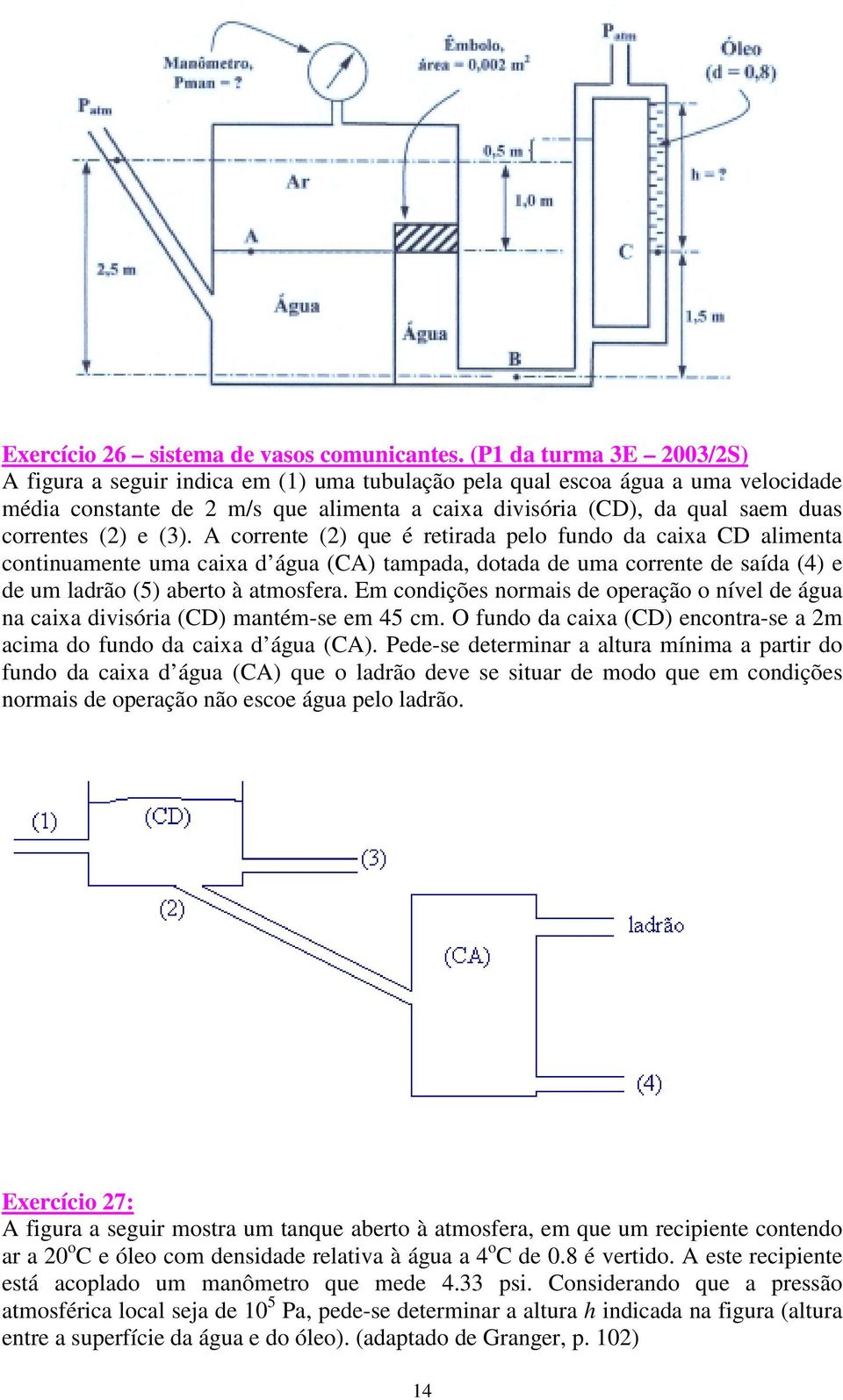 (3). A corrente () que é retirada pelo fundo da caixa CD alimenta continuamente uma caixa d água (CA) tampada, dotada de uma corrente de saída (4) e de um ladrão (5) aberto à atmosfera.