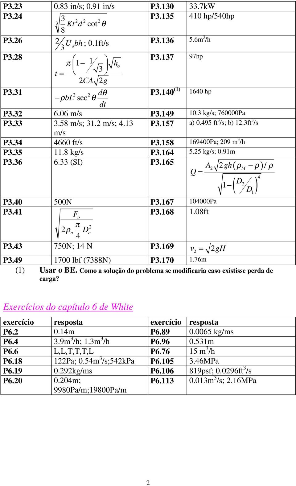 8 kg/s P3.164 5.5 kg/s; 0.91m P3.36 6.33 (SI) P3.165 A gh( ρm ρ) / ρ Q = 4 D 1 ( D ) 1 P3.40 500N P3.167 104000Pa P3.41 Fo P3.168 1.08ft π ρo Do 4 P3.43 750N; 14 N P3.169 v = gh P3.