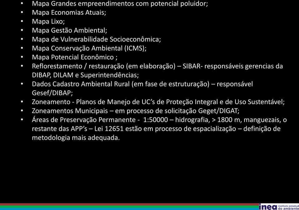 fase de estruturação) responsável Gesef/DIBAP; Zoneamento - Planos de Manejo de UC s de Proteção Integral e de Uso Sustentável; Zoneamentos Municipais em processo de solicitação