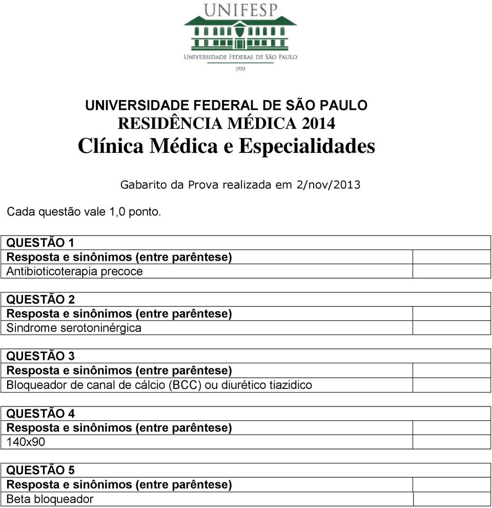 Gabarito da Prova realizada em 2/nov/2013 QUESTÃO 1 Antibioticoterapia precoce