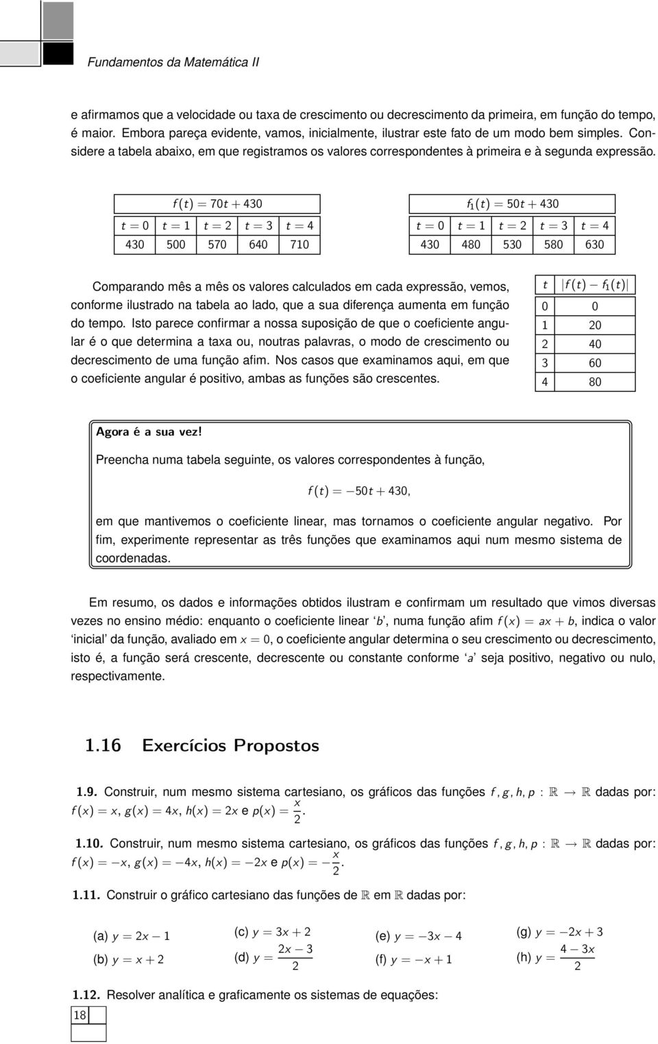 f (t) = 70t + 430 t = 0 t = t = t = 3 t = 4 430 500 570 640 70 f (t) = 50t + 430 t = 0 t = t = t = 3 t = 4 430 480 530 580 630 Comparando mês a mês os valores calculados em cada epressão, vemos,