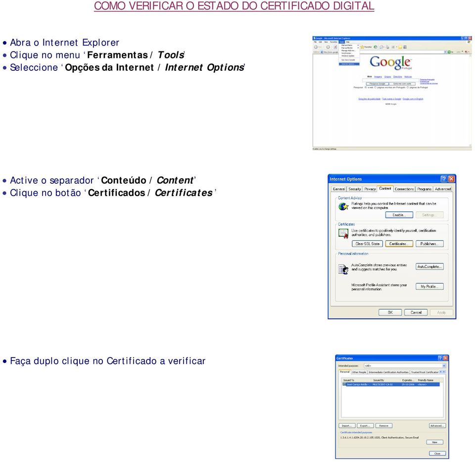 Internet / Internet Options Active o separador Conteúdo / Content