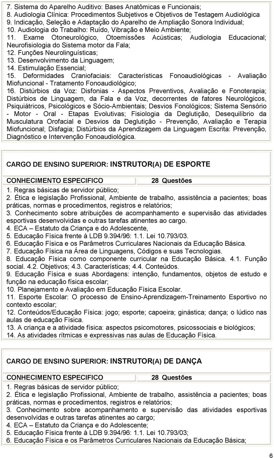 Exame Otoneurológico, Otoemissões Acústicas; Audiologia Educacional; Neurofisiologia do Sistema motor da Fala; 12. Funções Neurolinguísticas; 13. Desenvolvimento da Linguagem; 14.