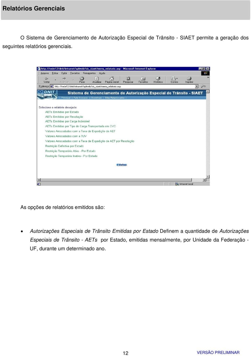 As opções de relatórios emitidos são: Autorizações Especiais de Trânsito Emitidas por Estado Definem