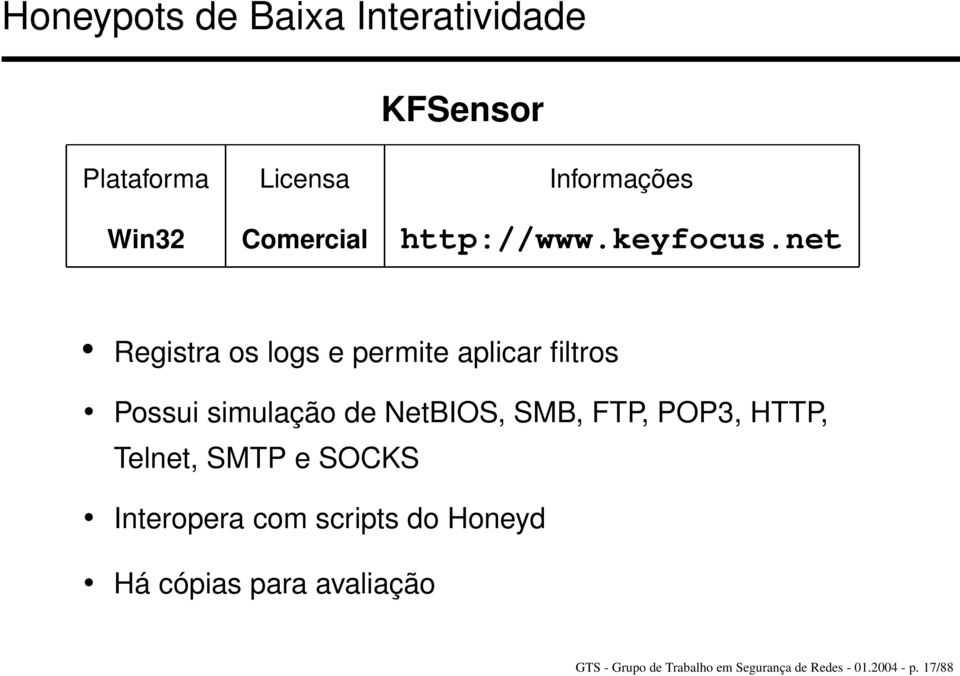 net Registra os logs e permite aplicar filtros Possui simulação de NetBIOS, SMB, FTP,