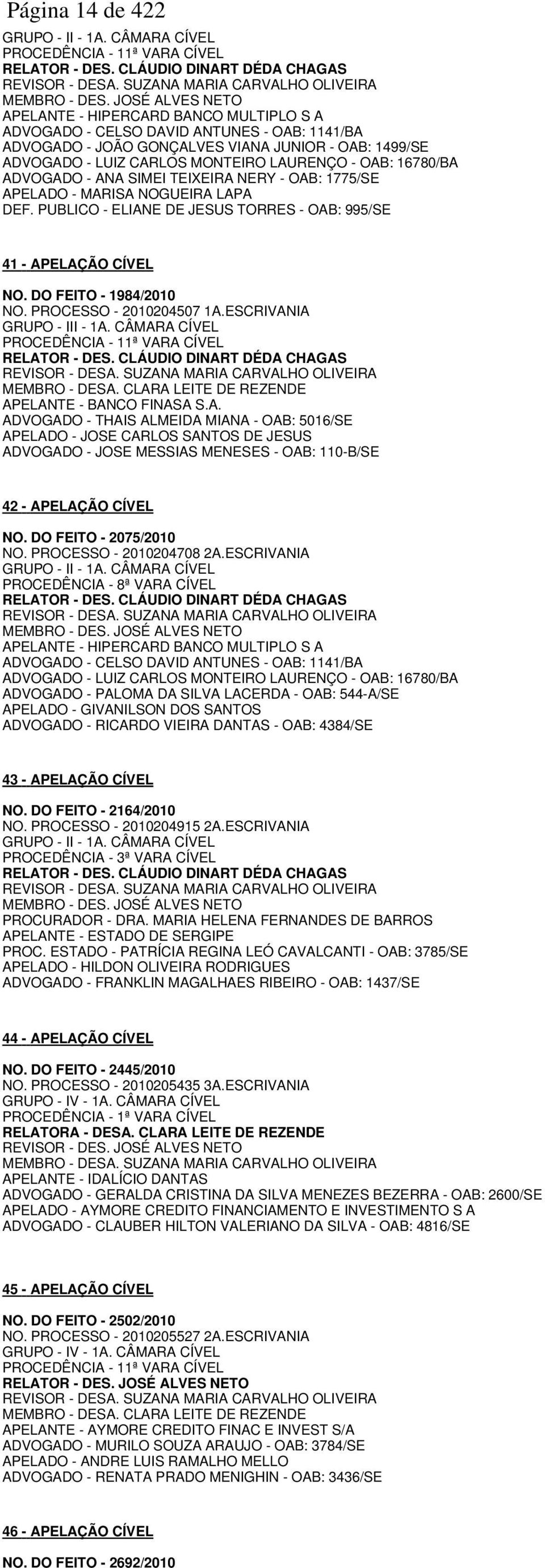 OAB: 16780/BA ADVOGADO - ANA SIMEI TEIXEIRA NERY - OAB: 1775/SE APELADO - MARISA NOGUEIRA LAPA DEF. PUBLICO - ELIANE DE JESUS TORRES - OAB: 995/SE 41 - APELAÇÃO CÍVEL NO. DO FEITO - 1984/2010 NO.