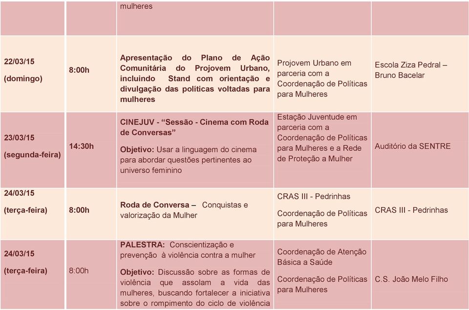 cinema para abordar questões pertinentes ao universo feminino Estação Juventude em parceria com a e a Rede de Proteção a Mulher Auditório da SENTRE 24/03/15 (terça-feira)