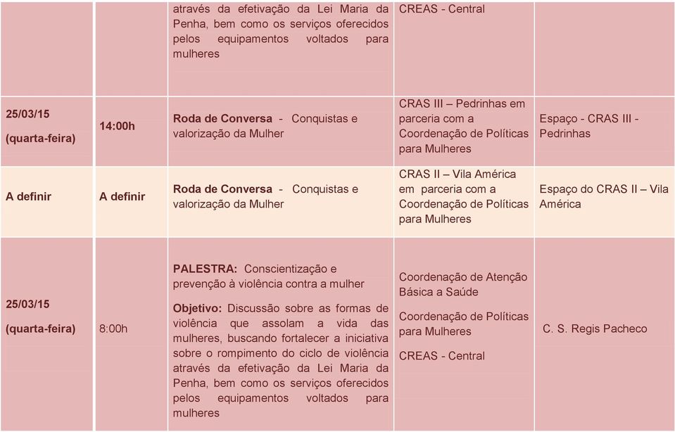 - Conquistas e valorização da Mulher CRAS II Vila América em parceria com a Espaço do CRAS II