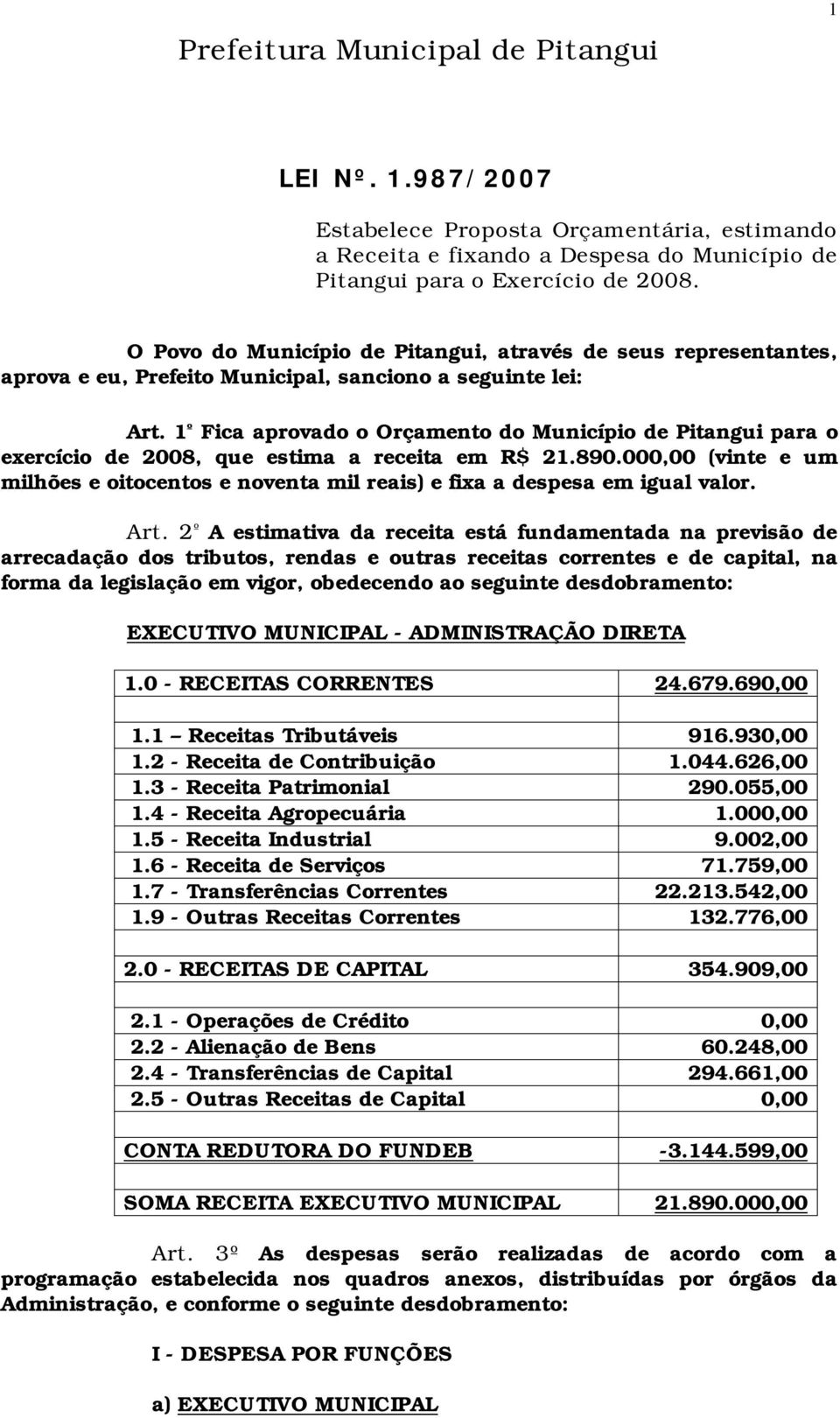 1 º Fica aprovado o Orçamento do Município de Pitangui para o exercício de 2008, que estima a receita em R$ 21.890.