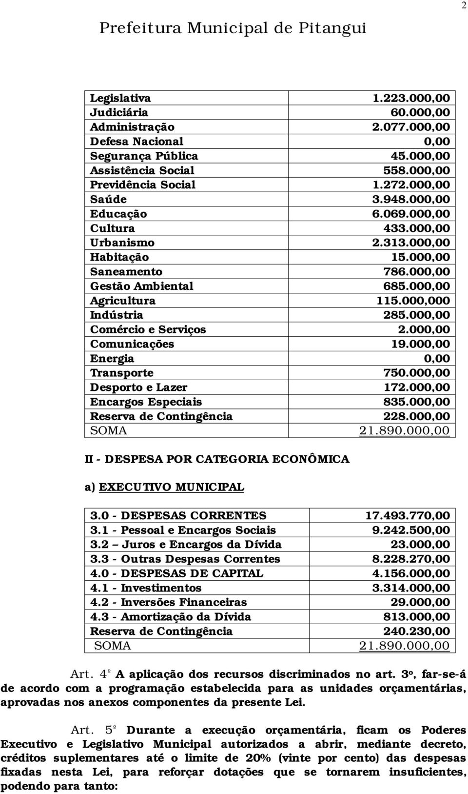 000,00 Comércio e Serviços 2.000,00 Comunicações 19.000,00 Energia 0,00 Transporte 750.000,00 Desporto e Lazer 172.000,00 Encargos Especiais 835.000,00 Reserva de Contingência 228.000,00 SOMA 21.890.