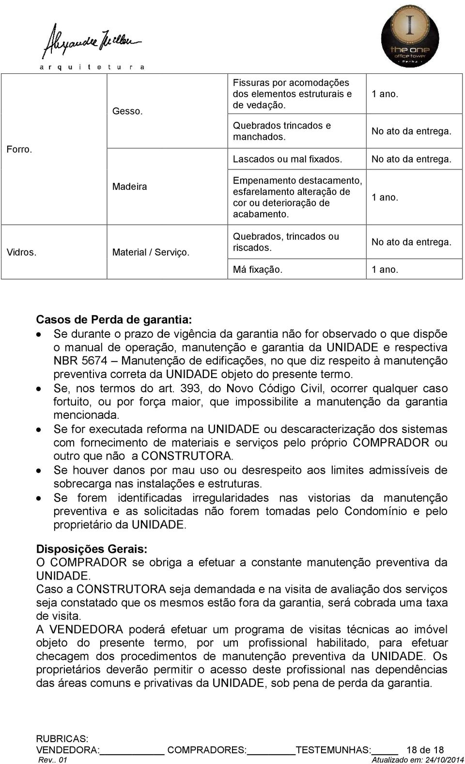 Casos de Perda de garantia: Se durante o prazo de vigência da garantia não for observado o que dispõe o manual de operação, manutenção e garantia da UNIDADE e respectiva NBR 5674 Manutenção de