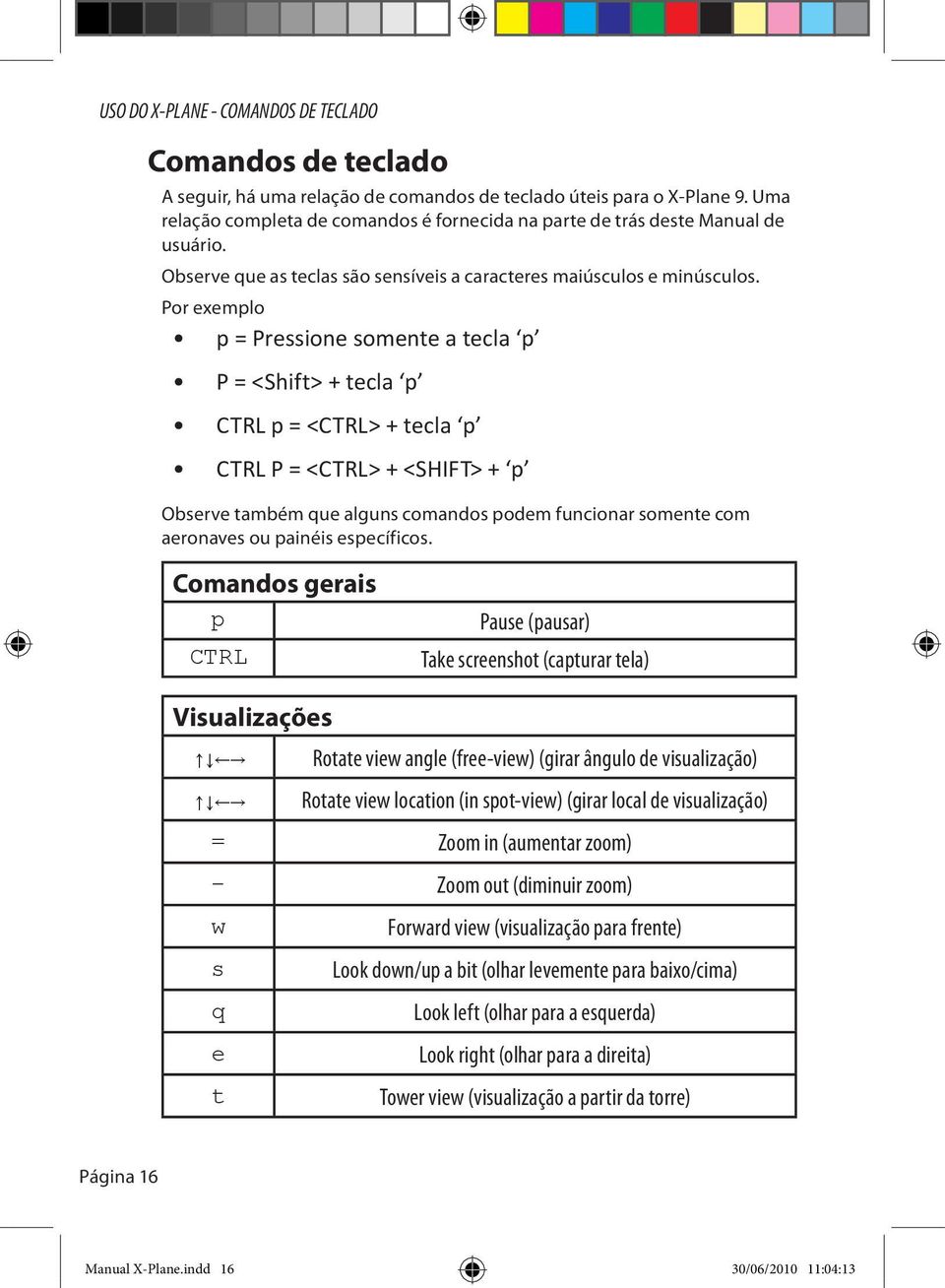 Por exemplo p = Pressione somente a tecla p P = <Shift> + tecla p CTRL p = <CTRL> + tecla p CTRL P = <CTRL> + <SHIFT> + p Observe também que alguns comandos podem funcionar somente com aeronaves ou