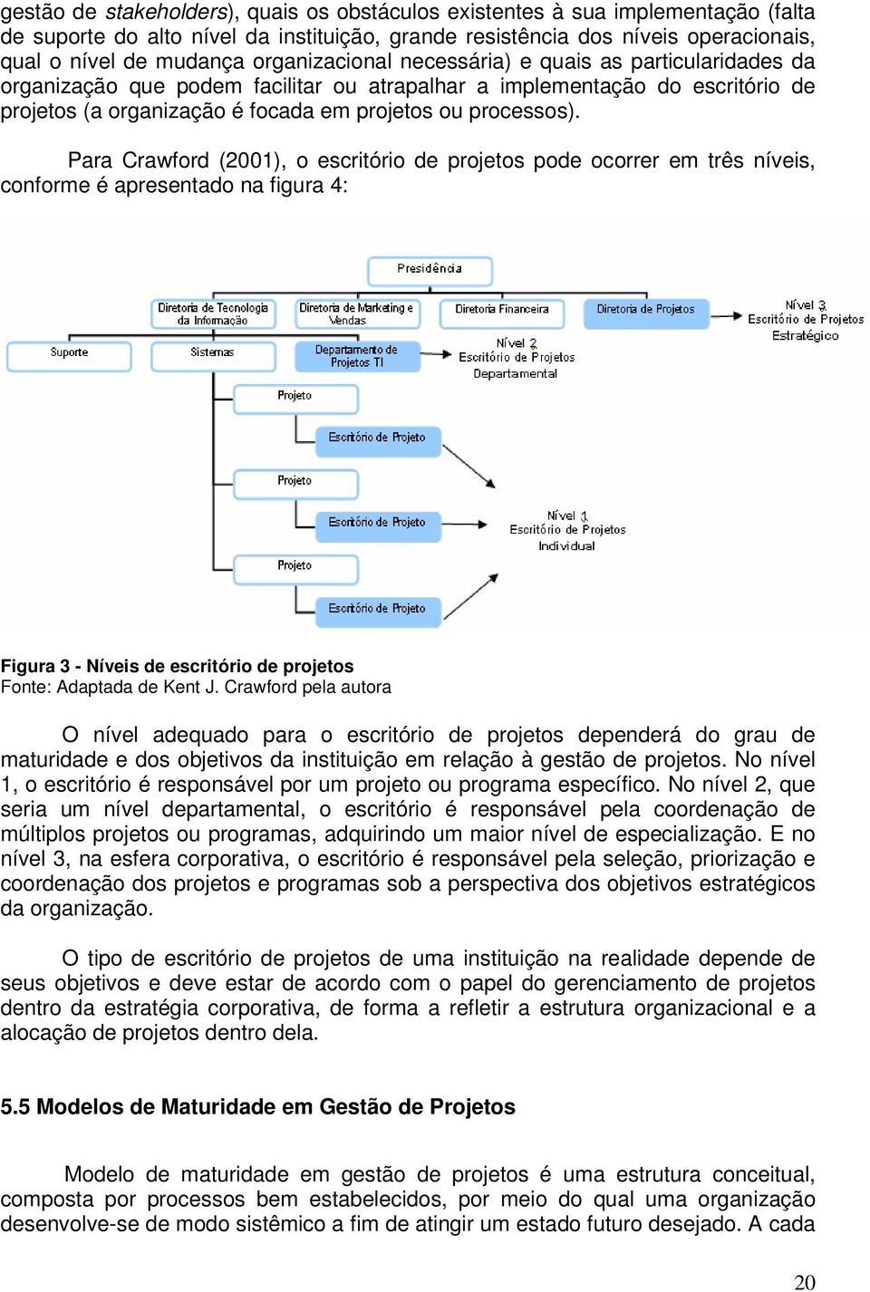 Para Crawford (2001), o escritório de projetos pode ocorrer em três níveis, conforme é apresentado na figura 4: Figura 3 - Níveis de escritório de projetos Fonte: Adaptada de Kent J.