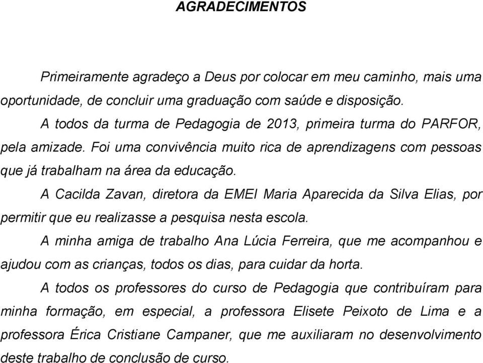 A Cacilda Zavan, diretora da EMEI Maria Aparecida da Silva Elias, por permitir que eu realizasse a pesquisa nesta escola.