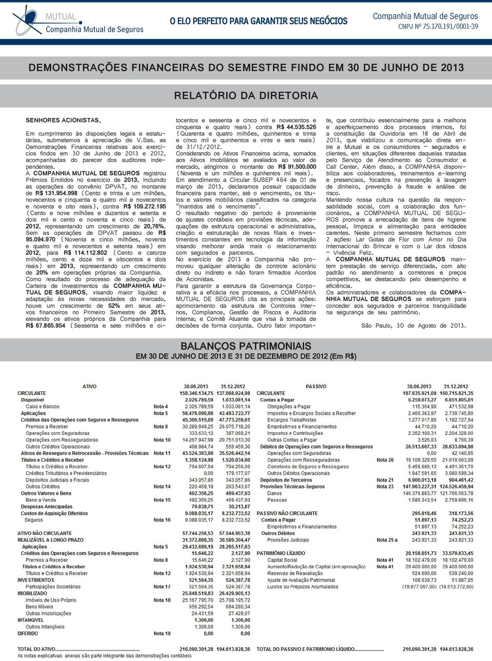 A COMPANHIA MUTUAL DE SEGUROS registrou Prêmios Emitidos no exercício de 2013, incluindo as operações do convênio DPVAT, no montante de R$ 131.954.