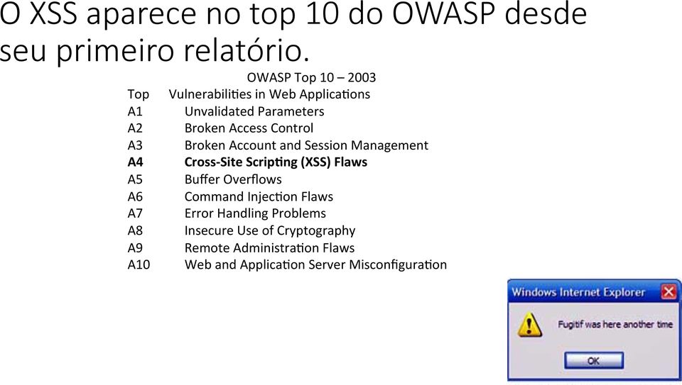 A3 Broken Account and Session Management A4 Cross- Site Scrip8ng (XSS) Flaws A5 Buffer Overflows A6