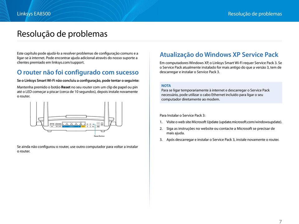 O router não foi configurado com sucesso anual Se o Linksys Smart Wi-Fi não concluiu a configuração, pode tentar o seguinte: Mantenha premido o botão Reset no seu router com um clip de papel ou pin