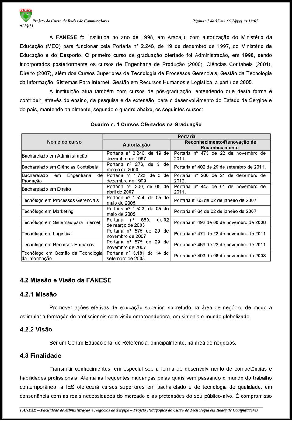 O primeiro curso de graduação ofertado foi Administração, em 1998, sendo incorporados posteriormente os cursos de Engenharia de Produção (2000), Ciências Contábeis (2001), Direito (2007), além dos