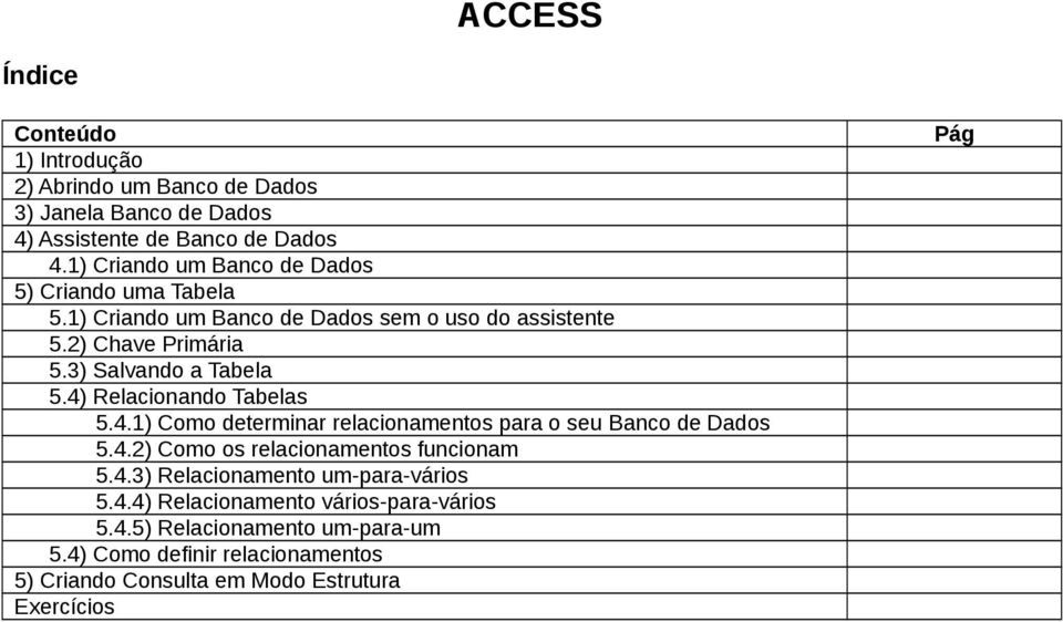 4) Relacionando Tabelas 5.4.1) Como determinar relacionamentos para o seu Banco de Dados 5.4.2) Como os relacionamentos funcionam 5.4.3) Relacionamento um-para-vários 5.