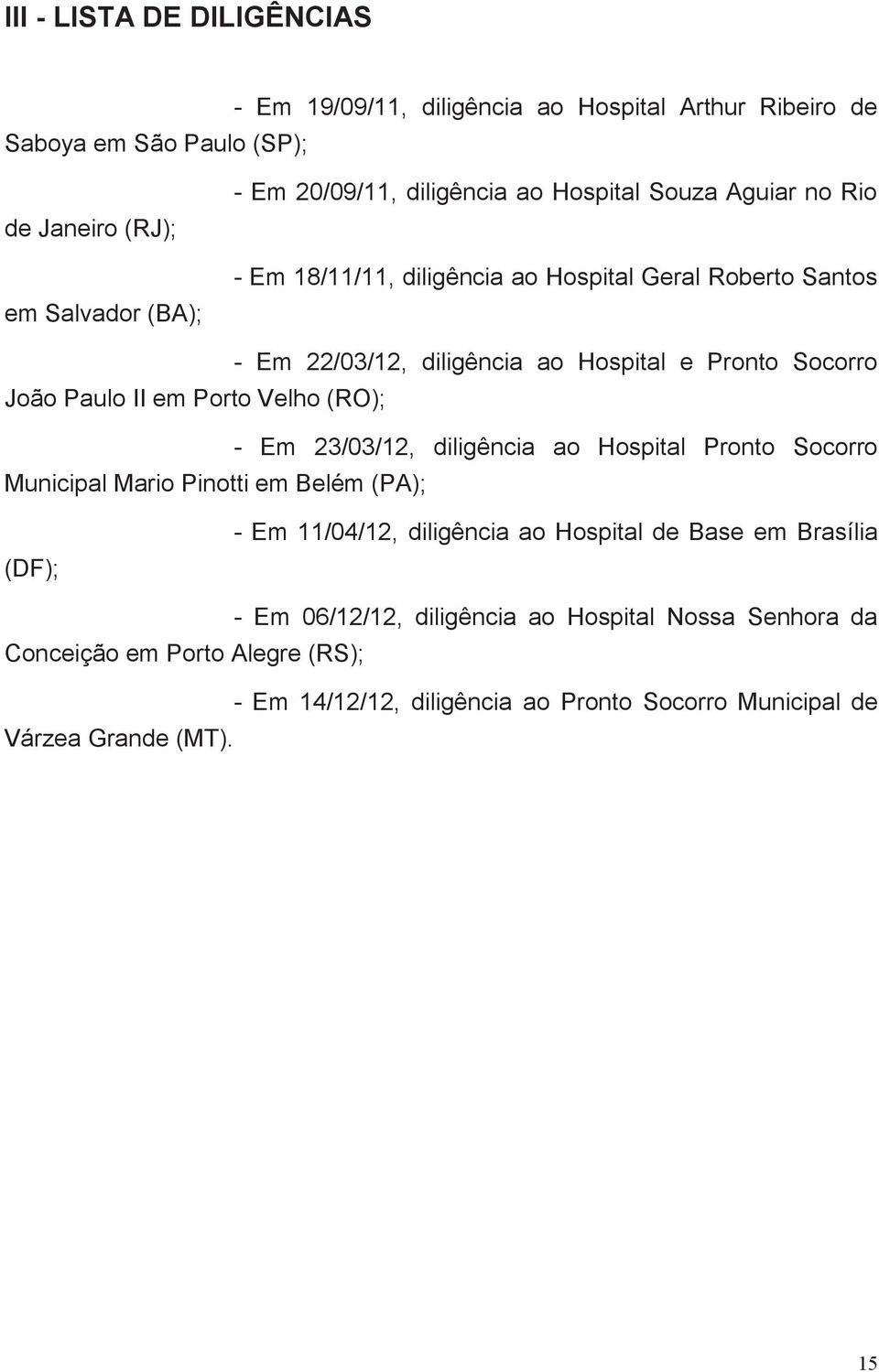 II em Porto Velho (RO); - Em 23/03/12, diligência ao Hospital Pronto Socorro Municipal Mario Pinotti em Belém (PA); (DF); - Em 11/04/12, diligência ao Hospital de Base
