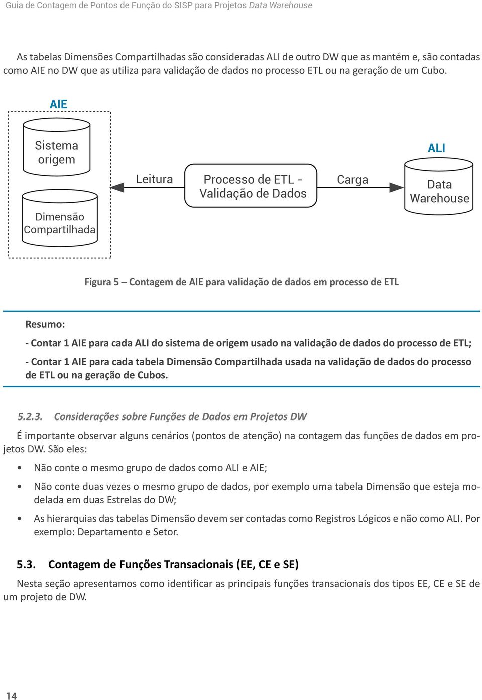 AIE para cada ALI do sistema de origem usado na validação de dados do processo de ETL; - Contar 1 AIE para cada tabela Dimensão Compartilhada usada na validação de dados do processo de ETL ou na