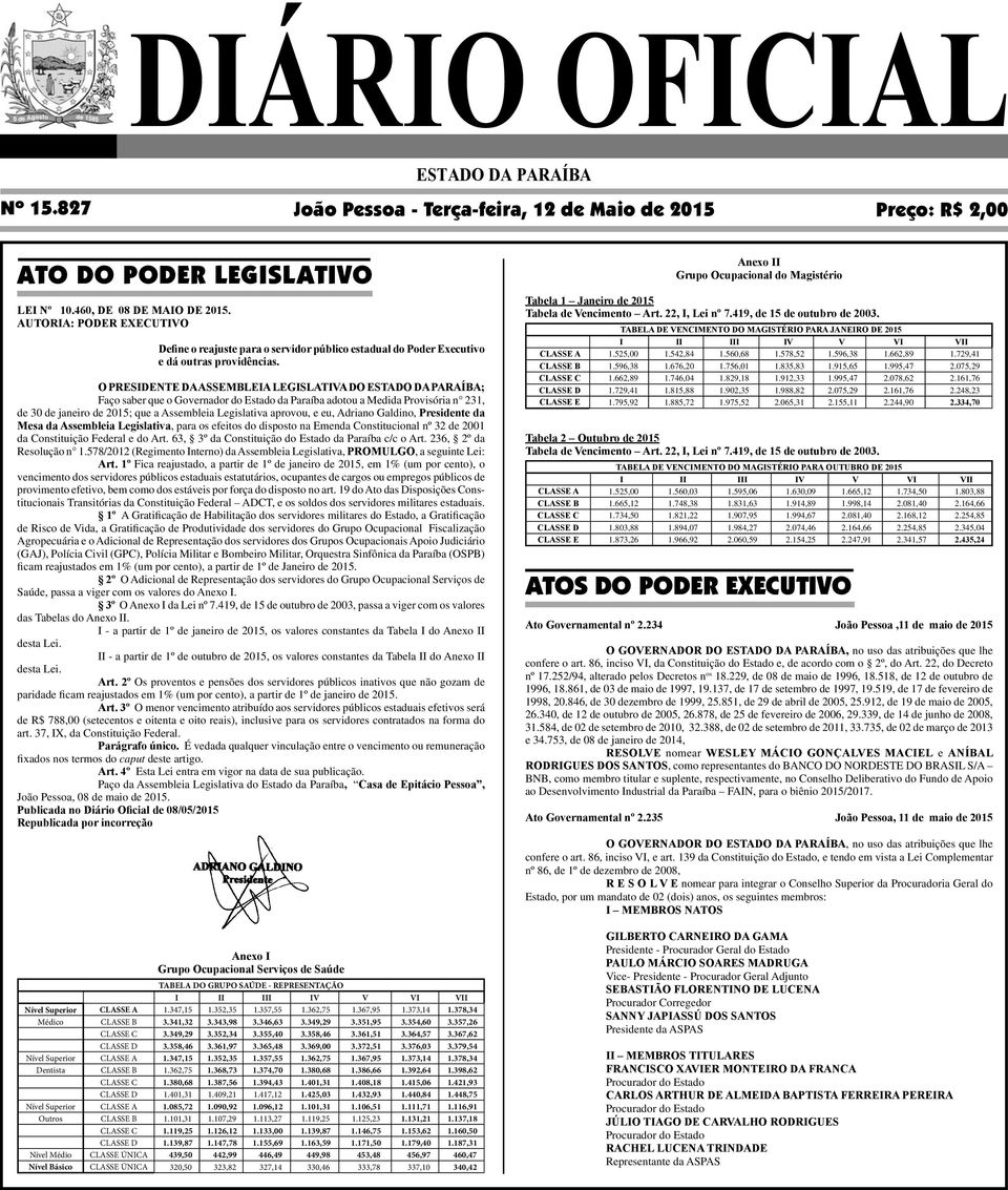 O PRESIDENTE DA ASSEMBLEIA LEGISLATIVA DO ESTADO DA PARAÍBA; Faço saber que o Governador do Estado da Paraíba adotou a Medida Provisória n 231, de 30 de janeiro de 2015; que a Assembleia Legislativa