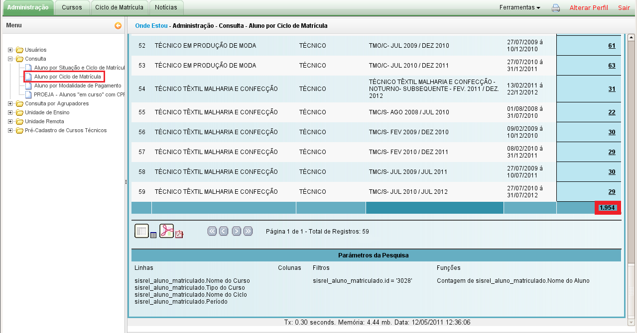 Figura 2: Esta unidade de ensino possui 59 ciclos criados e 1954 alunos cadastrados e caso queira-se saber quais alunos estão em uma determinado ciclo, basta clicar no número sublinhado, a frente da