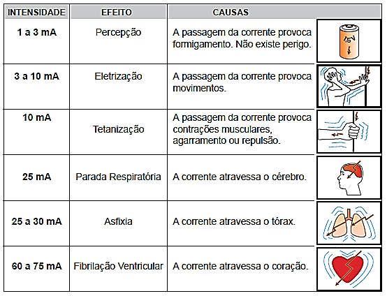 Efeitos da corrente elétrica Efeito fisiológico Esse efeito acontece quando uma corrente elétrica atravessa um